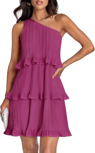 TANMESSO Damen One Shoulder Rüschen Minikleid | Ärmelloses Boho Gestuft Chiffon A-Linie Sommerkleid 2024, violett, M von TANMESSO