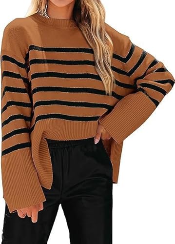 TANMESSO Damen Oversized Gestreifter Pullover 2025 Herbst Rundhals Pullover Trendy Strickpullover mit Seitenschlitz, dunkelbraun, S von TANMESSO
