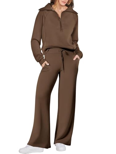 TANMESSO Damen Oversized Sweatshirt 2 Stück Lounge Set mit Sweatshirt & Sweatpants Herbst 2025 Passender Trainingsanzug, Braun-1, L von TANMESSO