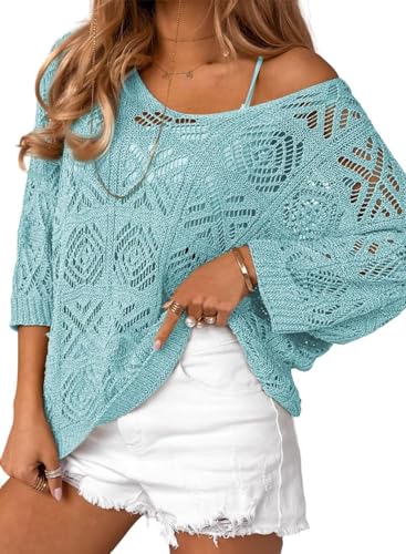 TANMESSO Damen Pullover 2024 Frühling Sommer Schulterfrei 3/4 Ärmel Crochet Hollow Out Pullover Sweater, hellblau, M von TANMESSO