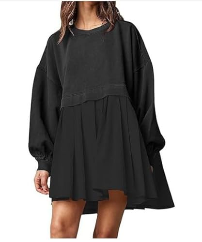 TANMESSO Damen Rundhals Kurzarm Kleid Patchwork Plissee A Linie Strand Boho Minikleid Sommer, Schwarz , XL von TANMESSO