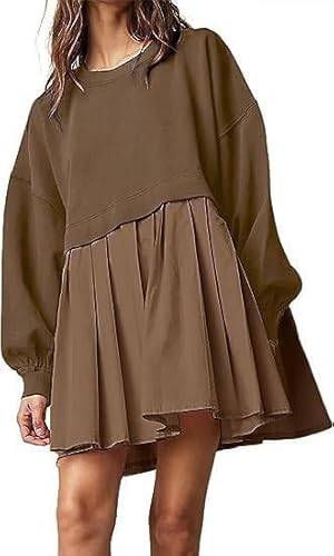 TANMESSO Damen Rundhals Kurzarm Kleid Patchwork Plissee A Linie Strand Boho Minikleid Sommer, dunkelbraun, S von TANMESSO