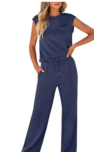TANMESSO Damen Sommer 2 Stück Outfits Ärmellos Weites Bein Trainingsanzüge Casual Sweatsuits Lounge Passende Sets für Reisen, dunkelblau, L von TANMESSO