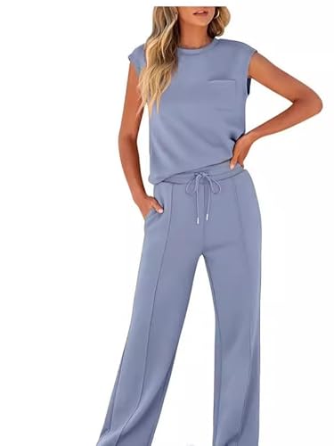 TANMESSO Damen Sommer 2 Stück Outfits Ärmellos Weites Bein Trainingsanzüge Casual Sweatsuits Lounge Passende Sets für Reisen, ozeanblau, M von TANMESSO