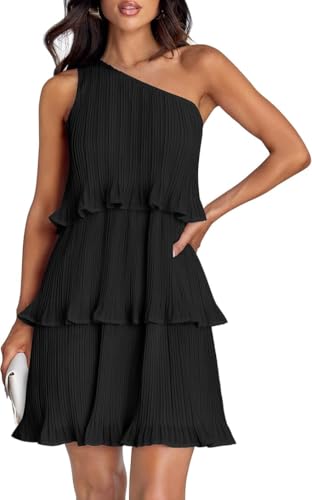 TANMESSO Damen Sommer 2024 Ärmelloses Minikleid Bohemian One Shoulder Rüschen Chiffon A-Linie Flowy Stufenkleid, Schwarz , S von TANMESSO