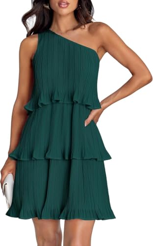 TANMESSO Damen Sommer 2024 Ärmelloses Minikleid Bohemian One Shoulder Rüschen Chiffon A-Linie Flowy Stufenkleid, dunkelgrün, M von TANMESSO