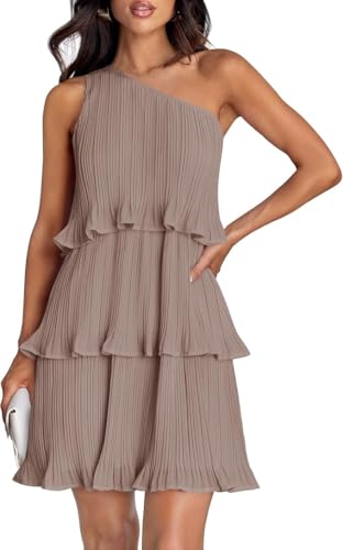 TANMESSO Damen Sommer 2024 Ärmelloses Minikleid Bohemian One Shoulder Rüschen Chiffon A-Linie Flowy Stufenkleid, khaki, L von TANMESSO