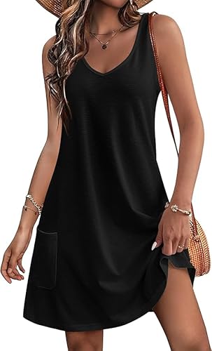 TANMESSO Damen Sommer Boho Strandkleid mit Taschen Floral V Ausschnitt Lose Tank Sommerkleid, Schwarz , XXL von TANMESSO