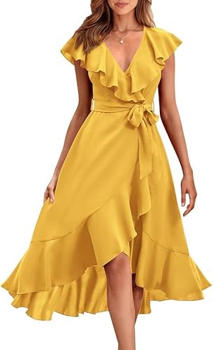 TANMESSO Damen Sommer V-Ausschnitt Wickelkleid Partykleid Rüschen Kurzarm Split Midikleid mit Gürtel, gelb, S von TANMESSO