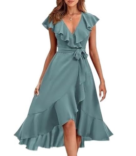 TANMESSO Damen Sommer V-Ausschnitt Wickelkleid Partykleid Rüschen Kurzarm Split Midikleid mit Gürtel 2024 Mode, Hellblau, L von TANMESSO