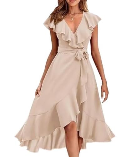 TANMESSO Damen Sommer V-Ausschnitt Wickelkleid Partykleid Rüschen Kurzarm Split Midikleid mit Gürtel 2024 Mode, aprikose, S von TANMESSO