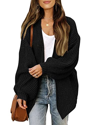 TANMESSO Damen Strickjacke 2025 Herbst Open Front Oversized Cardigan mit langen Laternenärmeln und Taschen Chunky Outwear, Schwarz , M von TANMESSO