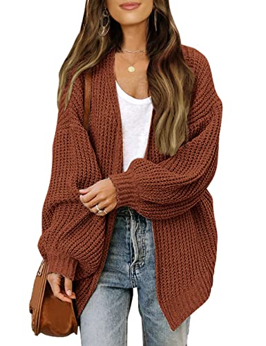 TANMESSO Damen Strickjacke 2025 Herbst Open Front Oversized Cardigan mit langen Laternenärmeln und Taschen Chunky Outwear, braun, 42 von TANMESSO