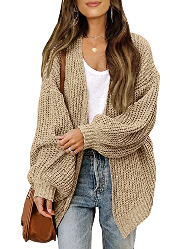 TANMESSO Damen Strickjacke 2025 Herbst Open Front Oversized Cardigan mit langen Laternenärmeln und Taschen Chunky Outwear, khaki, 46 von TANMESSO