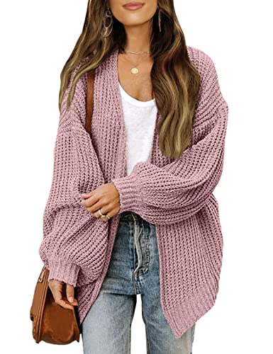 TANMESSO Damen Strickjacke 2025 Herbst Open Front Oversized Cardigan mit langen Laternenärmeln und Taschen Chunky Outwear, rose, 48 von TANMESSO