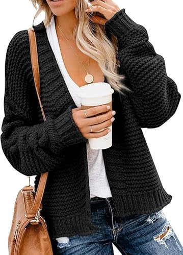TANMESSO Damen Strickjacke Grobstrick Cardigan - Offene Vorderseite Langarm Oversized Sweater Mantel für Herbst, Schwarz , S von TANMESSO
