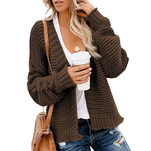 TANMESSO Damen Strickjacke Grobstrick Cardigan - Offene Vorderseite Langarm Oversized Sweater Mantel für Herbst, braun, M von TANMESSO