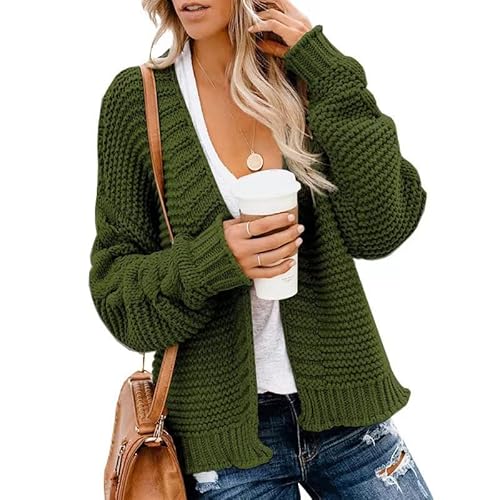 TANMESSO Damen Strickjacke Grobstrick Cardigan - Offene Vorderseite Langarm Oversized Sweater Mantel für Herbst, grün, M von TANMESSO