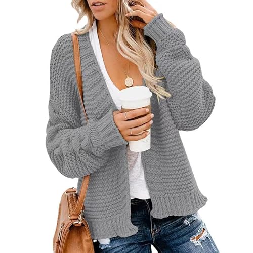 TANMESSO Damen Strickjacke Grobstrick Cardigan - Offene Vorderseite Langarm Oversized Sweater Mantel für Herbst, hellgrau, S von TANMESSO