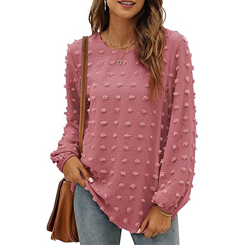 TANMESSO Elegante, lässige Langarm-Chiffon-Blusen für Damen – lockere Passform mit Rundhalsausschnitt und Pompons, rose, XL von TANMESSO