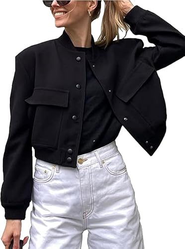 TANMESSO Lässige Cropped-Bomberjacke für Damen, Button-Down-Shacket mit Taschen, Schwarz , 36 von TANMESSO