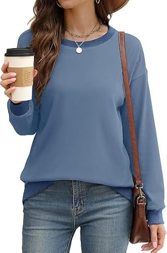 TANMESSO Trendige Colorblock-Sweatshirts für Damen – langärmeliges Oberteil mit Rundhalsausschnitt und geripptem Saum für lässigen Stil, blau, S von TANMESSO