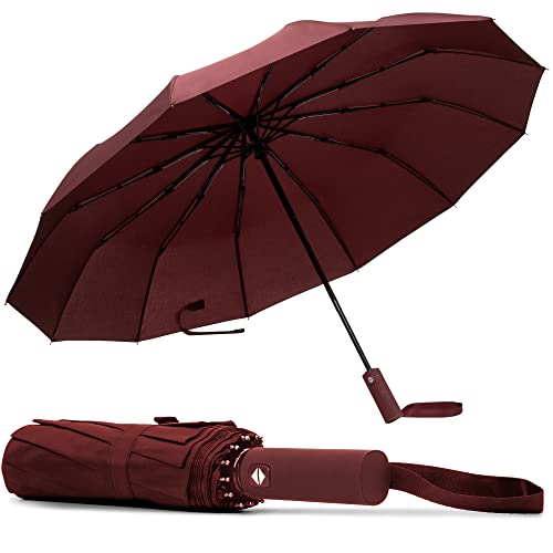 Tanness Winddichter kompakter Reise-Regenschirm mit 12 Rippen – Automatisch zusammenklappbar leichter tragbarer Regenschirm für Regen und Sonnenschutz – Damen und Herren, rot von Tanness