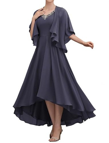 TANPAUL Damen Abendkleid Lang A-Linie Brautmutterkleider mit Jacke Elegant Chiffon Ballkleid Blau-Grau 52 von TANPAUL