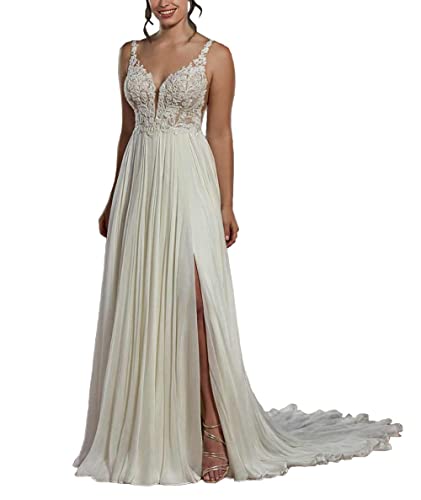 Brautkleid A-Linie V-Ausschnitt Hochzeitskleid Lang Elegant Spaghettiträger Spitze Chiffon Rückenfrei Ärmellos Schlitz C-Elfenbein 32 von TANPAUL