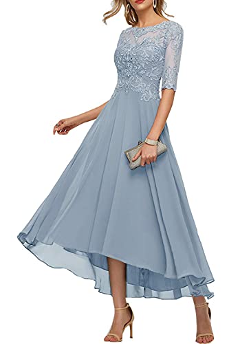 Brautmutterkleider für Hochzeit Damen Abendkleid Lang Vokuhila Kleid A-Linie Spitze Chiffon Abendkleider Ballkleid Grau-blau 36 von TANPAUL