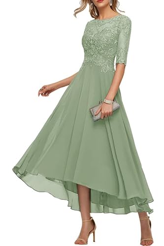 TANPAUL Damen Brautmutterkleider Lang Vokuhila A-Linie Abendkleid Spitze Chiffon Ballkleid Grau-grün 32 von TANPAUL