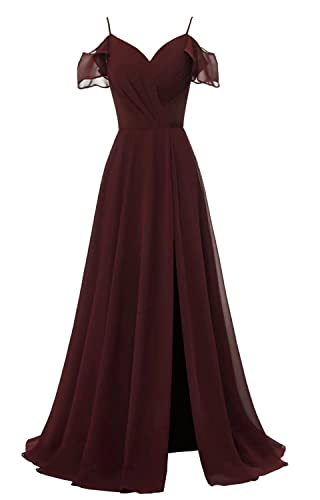 TANPAUL V-Ausschnitt Brautjungfernkleiderer Chiffon Spaghettiträger Abendkleid mit Schlitz Dunkelrot 38 von TANPAUL