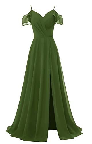 TANPAUL V-Ausschnitt Brautjungfernkleiderer Chiffon Spaghettiträger Abendkleid mit Schlitz Olive 40 von TANPAUL