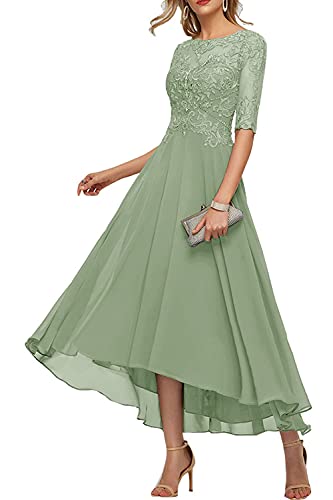 Damen Abendkleid Lang Vokuhila Kleid A-Linie Brautmutterkleider für Hochzeit Spitze Chiffon Abendkleider Ballkleid Grau-grün 40 von TANPAUL