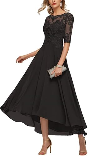 TANPAUL Damen Brautmutterkleider Lang Vokuhila A-Linie Abendkleid Spitze Chiffon Ballkleid Schwarz 44 von TANPAUL