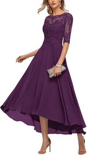 TANPAUL Damen Brautmutterkleider Lang Vokuhila A-Linie Abendkleid Spitze Chiffon Ballkleid Traube 48 von TANPAUL