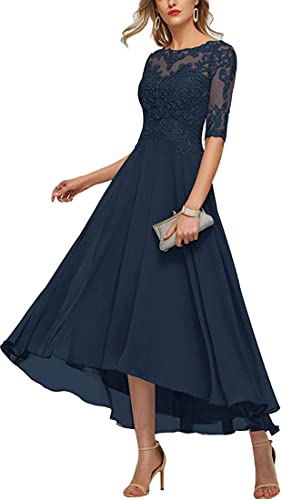 Damen Abendkleid für Mollige Wadenlang A-Linie Vokuhila Kleid Hohe Taille Brautmutterkleid Spitze Chiffon Navy 56 von TANPAUL