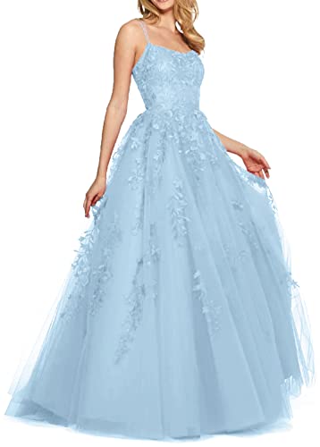 Damen Abendkleider A-Linie Lang Ballkleid Tüll Prinzessin Spaghettiträger Hochzeitskleid Partykleid Hellblau 34 von TANPAUL