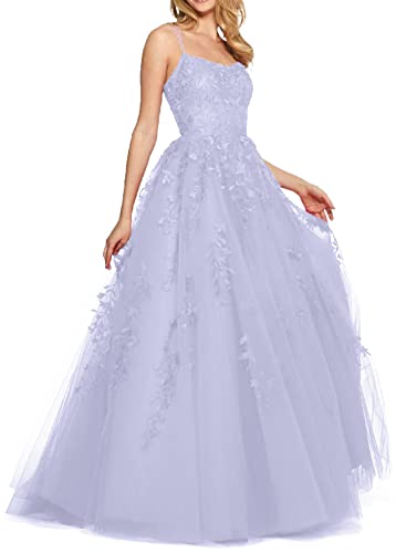 Damen Abendkleider A-Linie Lang Ballkleid Tüll Prinzessin Spaghettiträger Hochzeitskleid Partykleid Lila 44 von TANPAUL