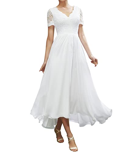TANPAUL Spitzen Chiffon Brautskleid V-Ausschnitt Vokuhila Kurzarm Hochzeitskleider Weiß 54 von TANPAUL