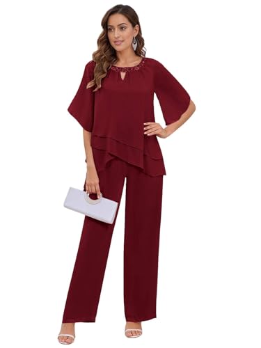 TANPAUL 2 Stück Hosenanzug Damen Festlich Elegant - Chiffon Kurzarm Mutter der Braut Hosenanzüge für Hochzeit Burgundy 54 von TANPAUL