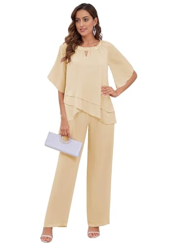 TANPAUL 2 Stück Hosenanzug Damen Festlich Elegant - Chiffon Kurzarm Mutter der Braut Hosenanzüge für Hochzeit Champagner 46 von TANPAUL