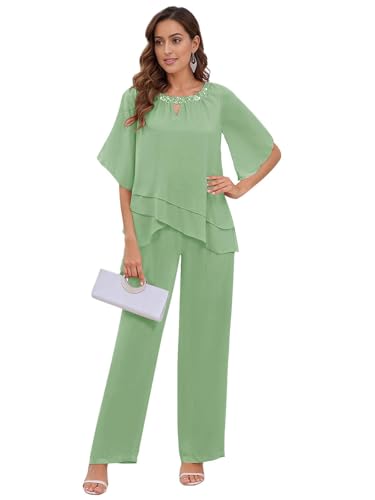 TANPAUL 2 Stück Hosenanzug Damen Festlich Elegant - Chiffon Kurzarm Mutter der Braut Hosenanzüge für Hochzeit Grasgrün 46 von TANPAUL