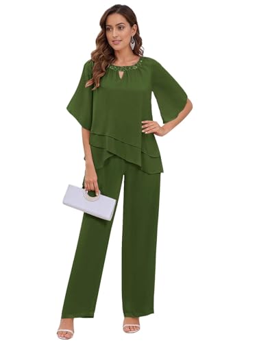 TANPAUL 2 Stück Hosenanzug Damen Festlich Elegant - Chiffon Kurzarm Mutter der Braut Hosenanzüge für Hochzeit Olive 48 von TANPAUL