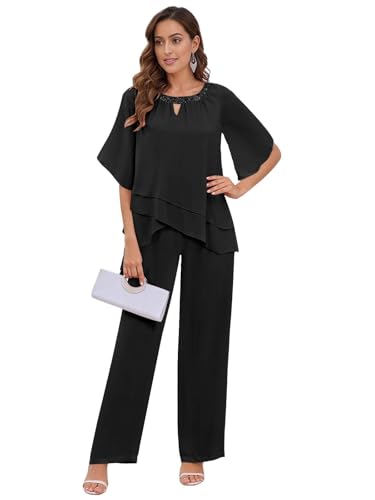 TANPAUL 2 Stück Hosenanzug Damen Festlich Elegant - Chiffon Kurzarm Mutter der Braut Hosenanzüge für Hochzeit Schwarz 46 von TANPAUL