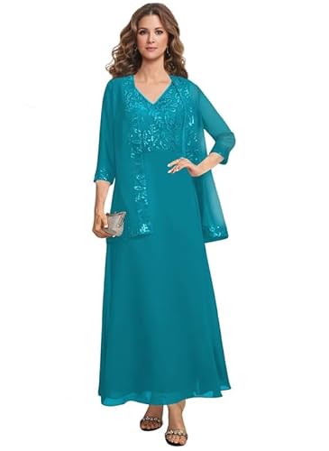 TANPAUL 2 Teilig Chiffon Brautmutterkleider mit Jacke Große Größen Damen Festliche Abendkleider für Hochzeit Türkis 50 von TANPAUL