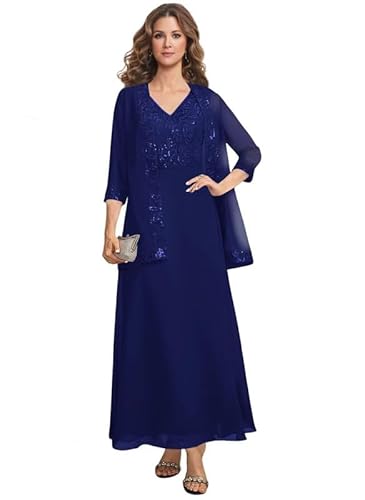 TANPAUL 2 Teilig Chiffon Brautmutterkleider mit Jacke Große Größen Damen Festliche Abendkleider für Hochzeit Königsblau 52 von TANPAUL