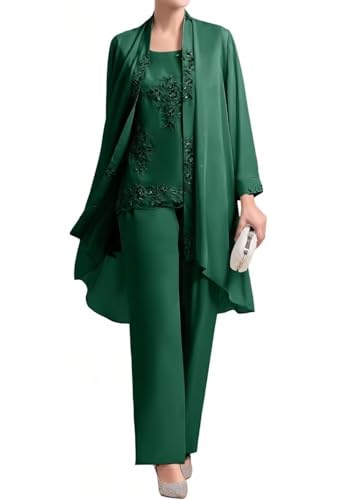 TANPAUL 3 Stück Damen Hosenanzug Elegant für Hochzeit Lange Ärmel Festliche Chiffon Mutter der Braut Anzug mit Jacke von TANPAUL