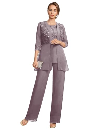 TANPAUL Hosenanzug Damen Festlich Elegant - Spitze Hosenanzug Damen Sportlich 3/4 Ärmel Kleider für Hochzeitsgäste Mauve 36 von TANPAUL