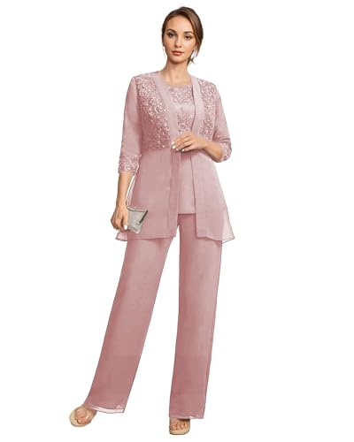 TANPAUL Hosenanzug Damen Festlich Elegant - Spitze Hosenanzug Damen Sportlich 3/4 Ärmel Kleider für Hochzeitsgäste Staubige Rose 44 von TANPAUL
